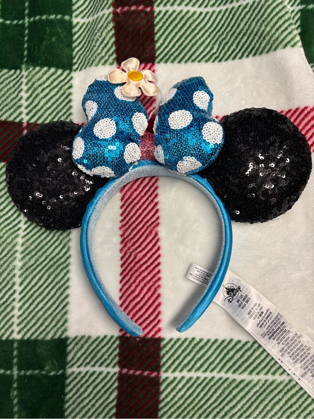 Disney Sequin Minnie-Style Headband with Blue Polka Dot Bow
